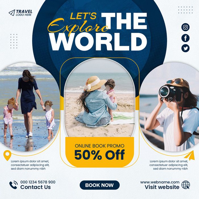 an advertisement for a travel company with people on the beach and one woman taking pictures