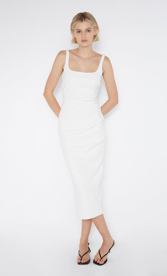 The Moon Dance Maxi Dress features a loose fitting wrap bust and a low cowl tie back. The dress cinches in at the high waist, creating a feminine silhouette and falls out into a straight maxi skirt. Fitted H-line Midi Dress For Cocktail, Fitted Ruched Midi Dress With Square Neck, Fitted Midi Dress With Ruched Detail And Straight Neckline, Elegant Ruched Maxi Dress With Square Neck, Chic Dress With Straight Neckline And Elastane, Square Neck Midi Dress With Ruched Bodice For Cocktail, Fitted Maxi Dress With Straight Neckline For Daywear, Elegant Midi Dress With Ruched Back And Square Neck, Cocktail Midi Dress With Ruched Bodice And Square Neck