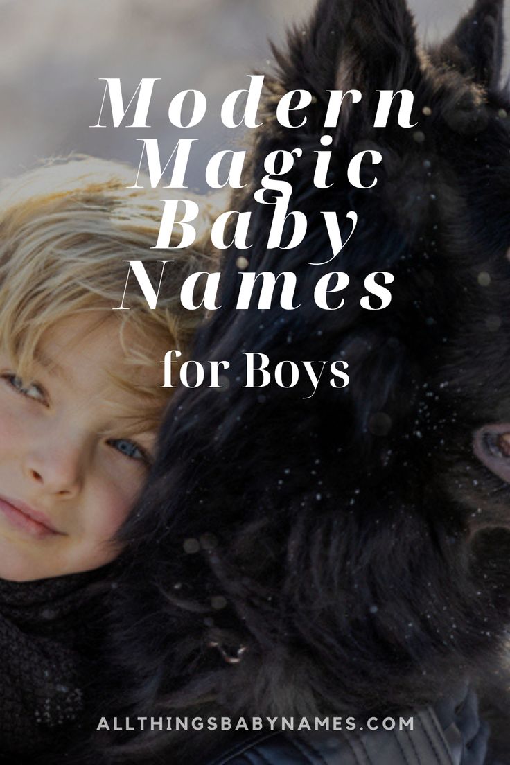 a young boy hugging his dog with the words modern baby names for boys