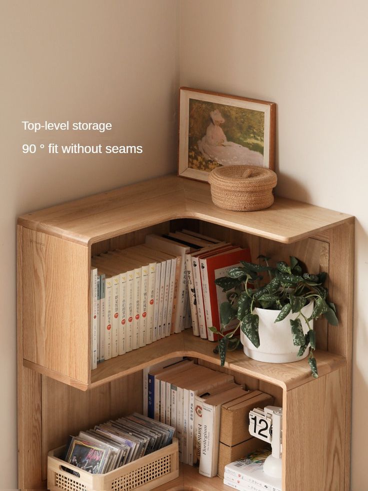 a corner shelf with books and magazines on it