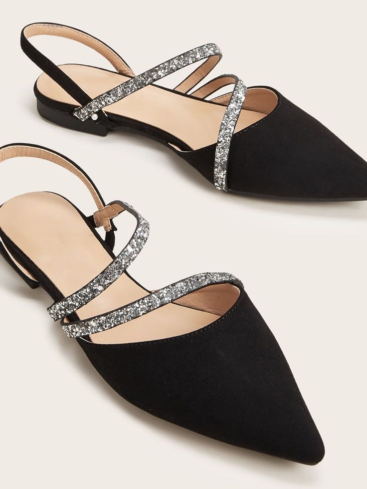 Point Toe Glitter Strap Slingback Flats | SHEIN USA Elegant Shoes Heels, Fashion Me Now, Work Shoes Women, Shoes Heels Classy, Shoes Photography, Flats Online, Flat Slipper, Chic Shoes, Slingback Flats