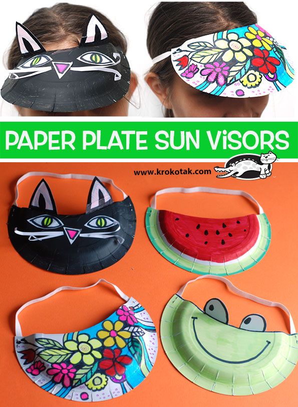 paper plate sun visors with pictures of cats, watermelon and fish on them