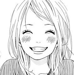 a drawing of a girl with long blonde hair smiling and looking at the camera while wearing a striped shirt