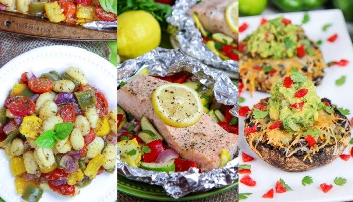 four different pictures of food including fish, potatoes and vegetables