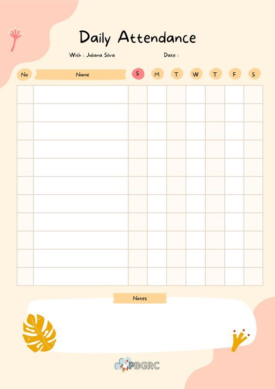 the daily attendance sheet is shown in pink and yellow colors with leaves on it, as well as an orange flower