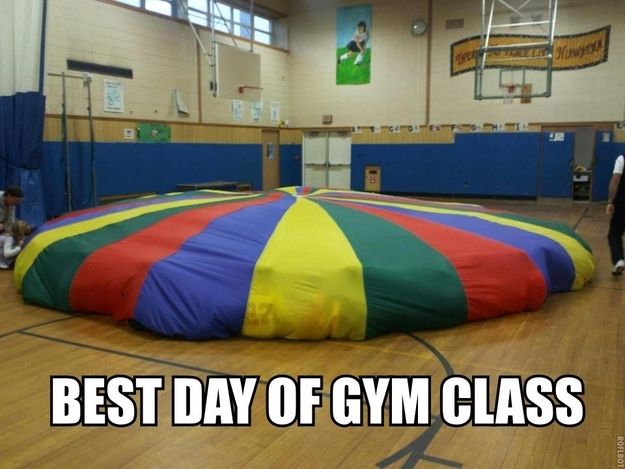 a large inflatable ball on top of a gym floor with the caption best day of gym class