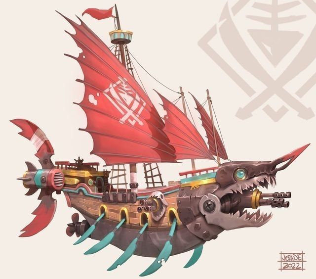 a pirate ship with a dragon on it's side and a red sailboat in the background