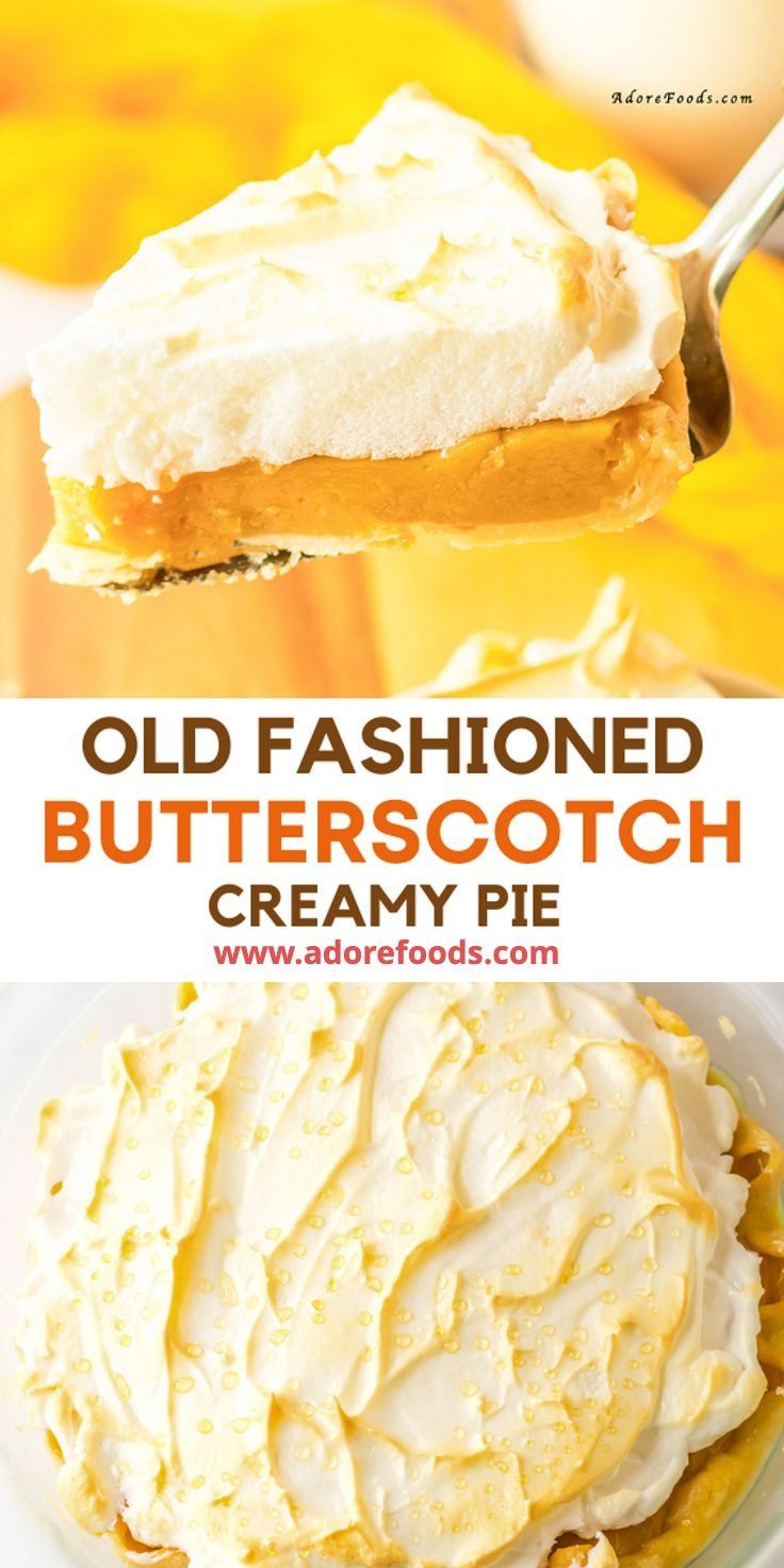 an old fashioned butterscotch creamy pie on a plate with the title above it