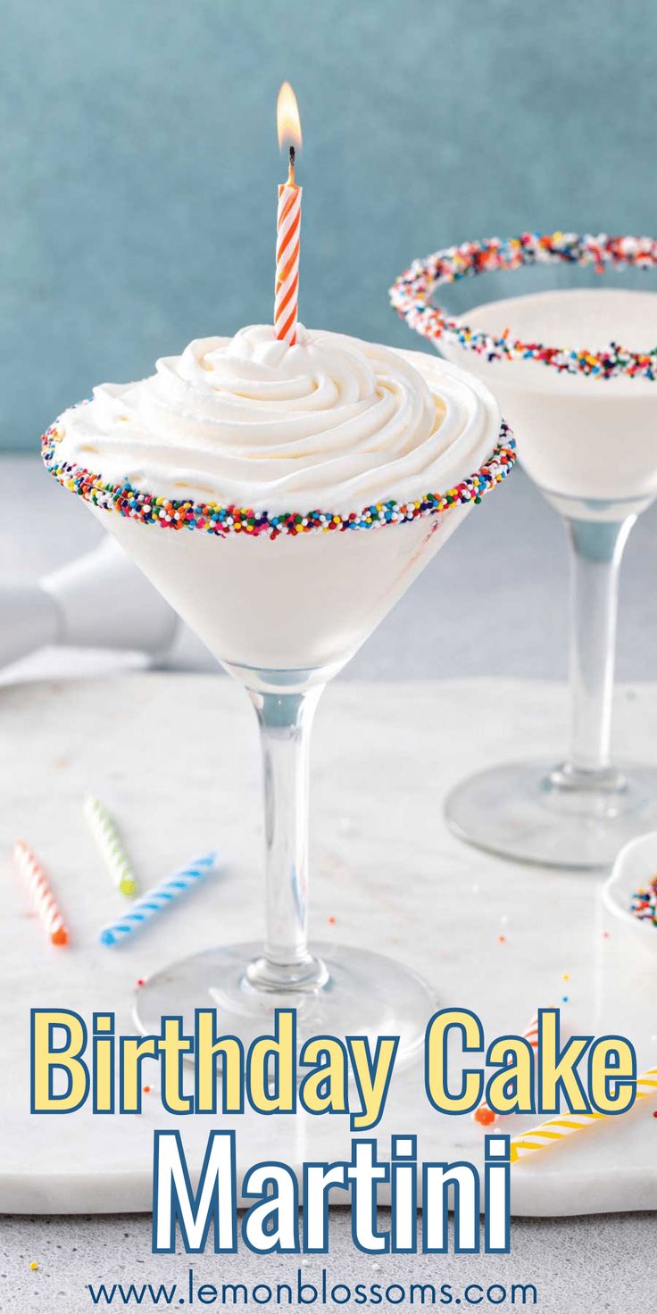 a birthday cake martini with white frosting and sprinkles