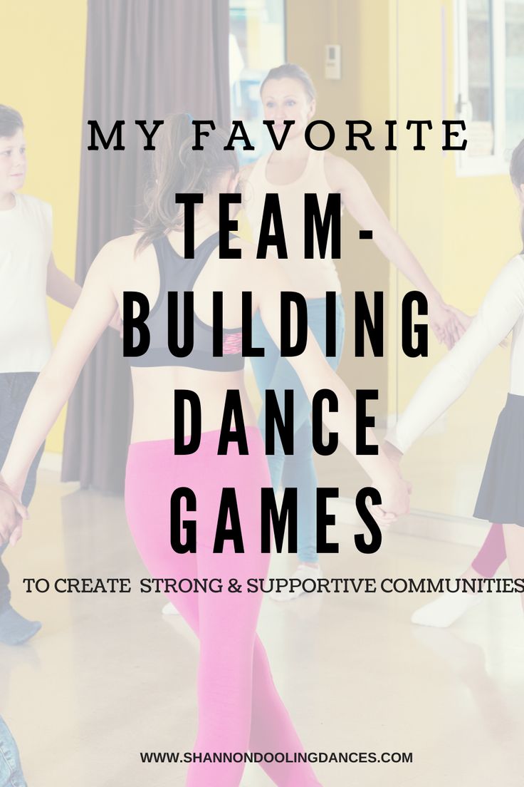 a woman in pink pants and black top dancing with her hands behind her back, text reads my favorite team - building dance games to create strong & support communities