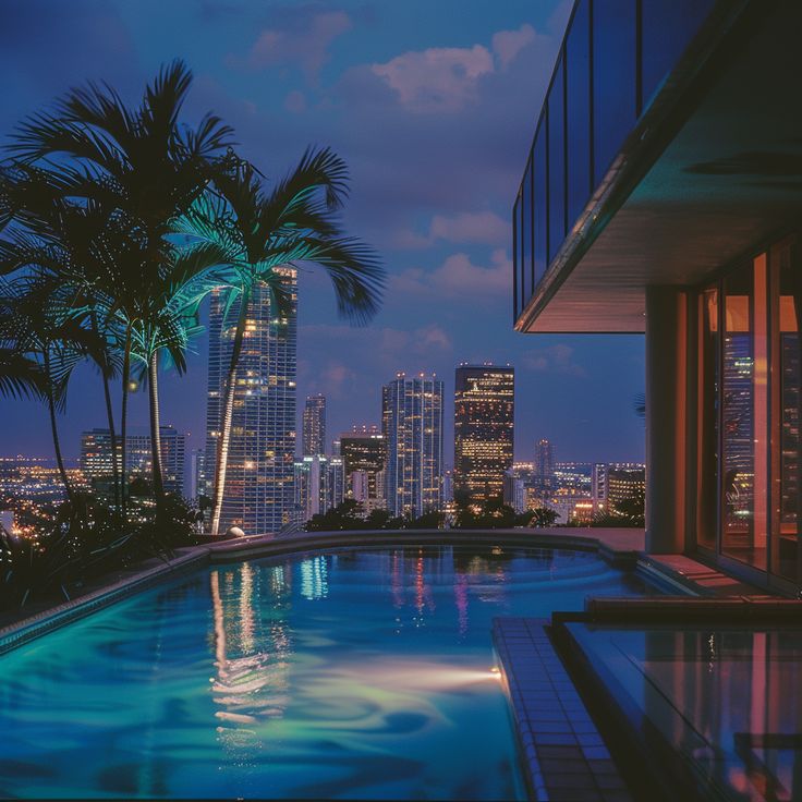 an outdoor swimming pool with palm trees and city lights in the background at night time