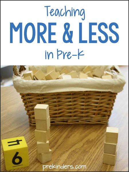 a basket full of cubes with the words teaching more & less in pre - k