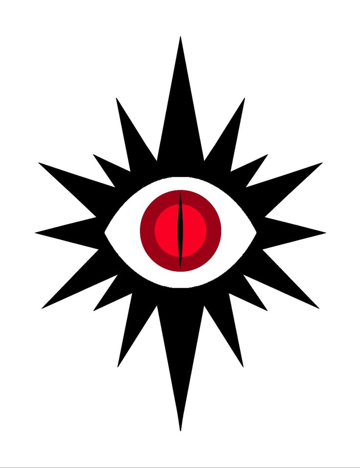 an eye is shown in the center of a black and red star with white background