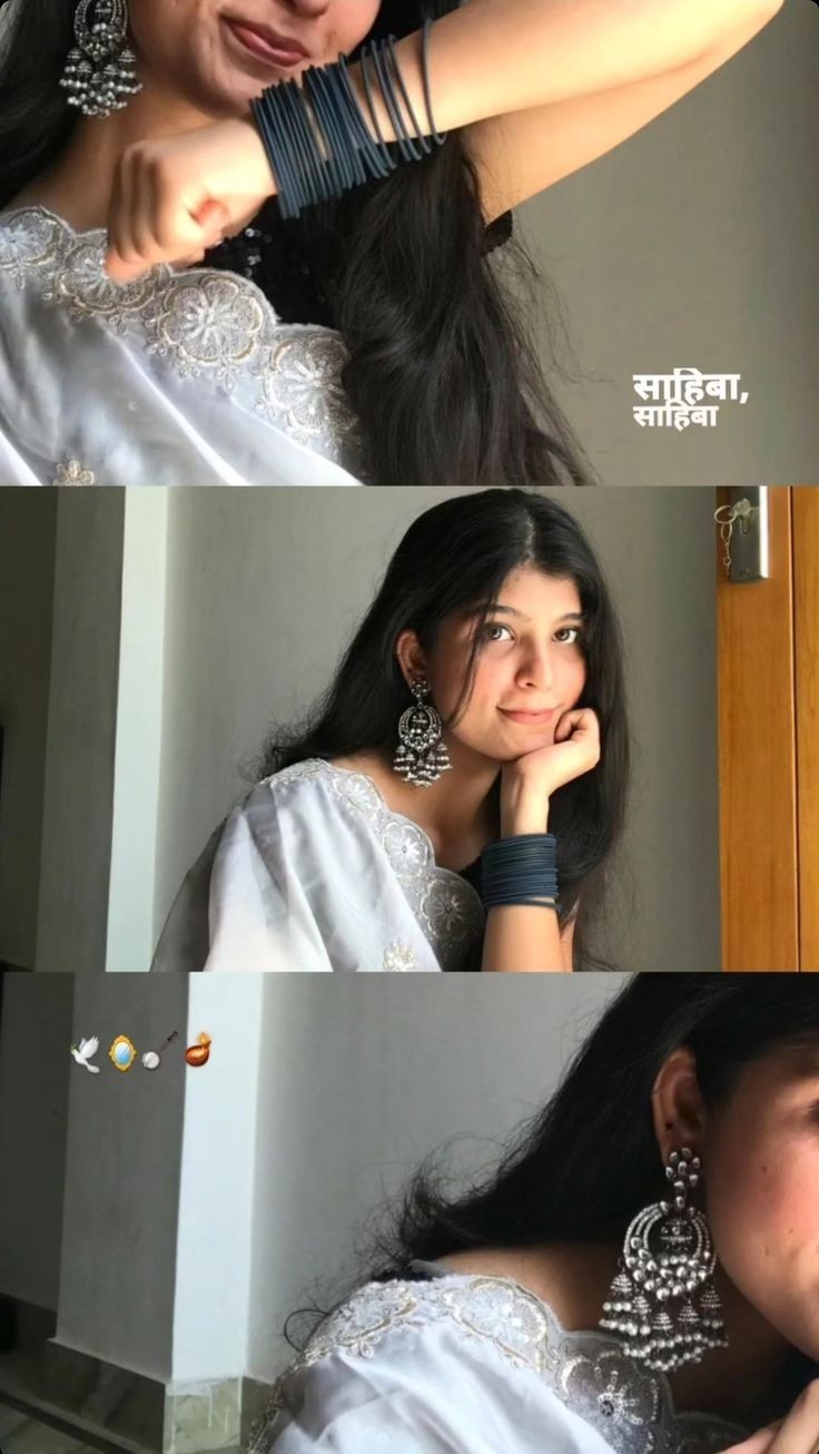 two pictures of a woman with long hair and earrings on her head, one in white dress