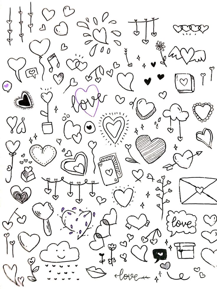 a bunch of doodled hearts and other items on a white paper with black ink