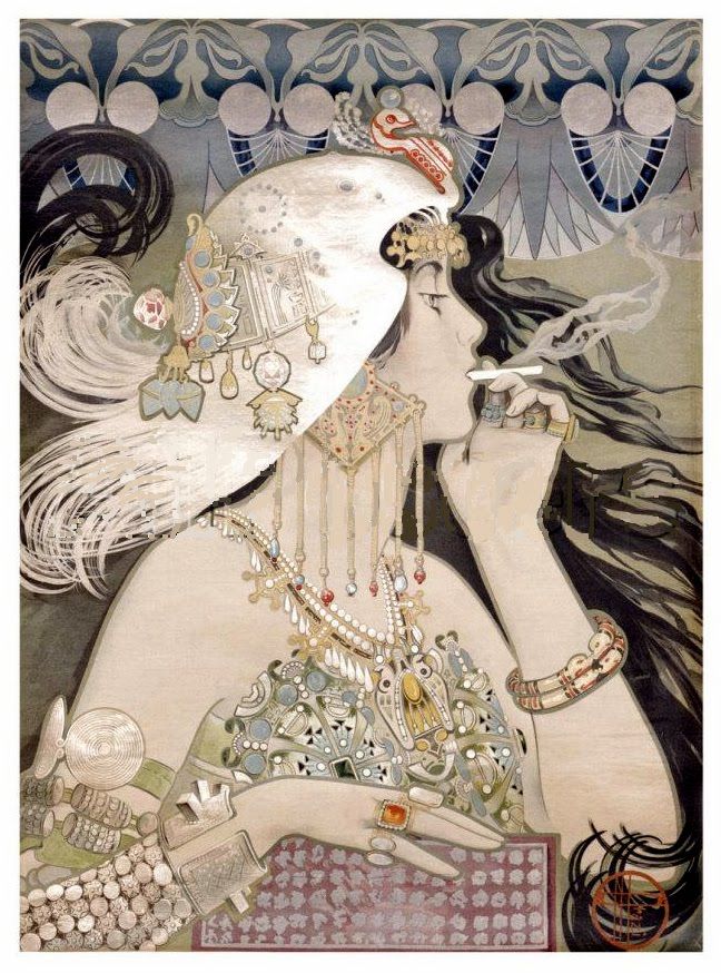 [Art] This painting shows the rapidly changing social status of American women. Not only is this woman showing her shoulders, she's smoking cigarettes! Her flashy jewelry, and wig, show more of a focus on personal appearance. This might have been a 1920's flapper. Arte Art Deco, Illustration Art Nouveau, Mucha Art, Art Nouveau Illustration, Art Nouveau Poster, Deco Poster, Poster Illustration, 1920s Art, Art Et Illustration