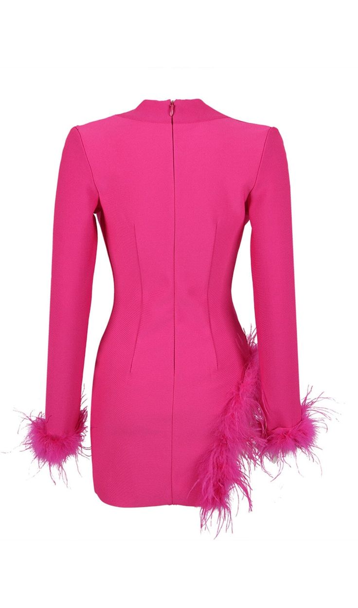 This mini dress comes in a hyper-pink hue that's sure to turn headss.Turn heads as you flutter into the room wearing this jacket dress.It's cut from soft stretch-jersey and detailed with the maximalist signature feather cuffs. Wear it to parties with statement pumps and an embellished clutch. WHERE TO WEAR:Cocktail party/Romantic date nights Material: Stretch Woven (95% Polyester, 5% Elastane) Gentle Dry Clean OnlyColour may vary due to lighting on images. The product images (without model) are Winter Fitted Pink Dresses, Pink Mini Dresses For Winter, Pink Stretch Bodycon Dress For Fall, Pink Mini Dress For Winter Evening, Pink Winter Mini Dress For Evening, Pink Fitted Mini Dress With Long Sleeves, Pink Mini Dress For Winter Night Out, Pink Winter Cocktail Mini Dress, Pink Mini Bodycon Dress For Fall