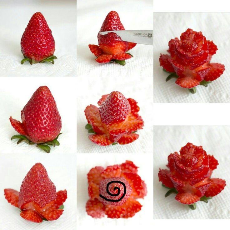 several images of strawberries being cut and placed