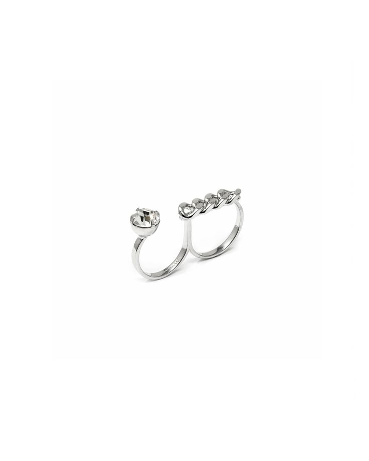 Materials: Rhodium plated brass, Swarovski crystal Length: 1.5"/ 3.8cm One Size / Adjustable Made in NYC CR31-02 Double Finger Ring, Ring Plate, Party Rings, Crystal Chain, Double Ring, Brass Ring, Ring Finger, Chains Jewelry, Rhodium Plated