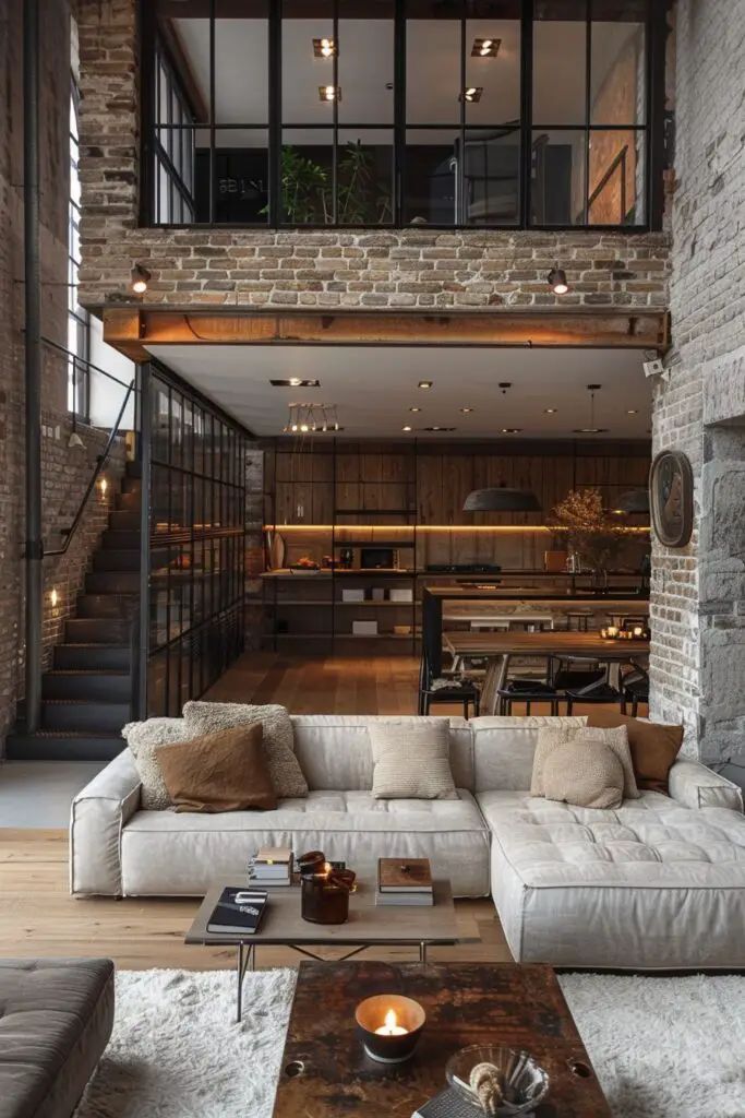 a living room filled with furniture next to a fire place in a brick wall building