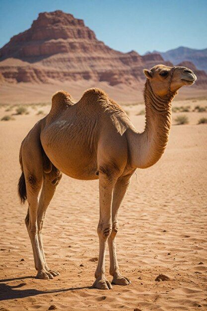 a camel standing in the desert with mountains in the background