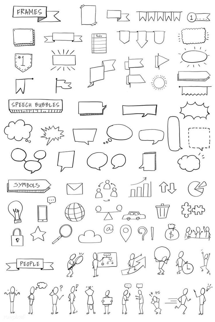 hand drawn doodles with different types of speech bubbles and arrows in black ink on white paper