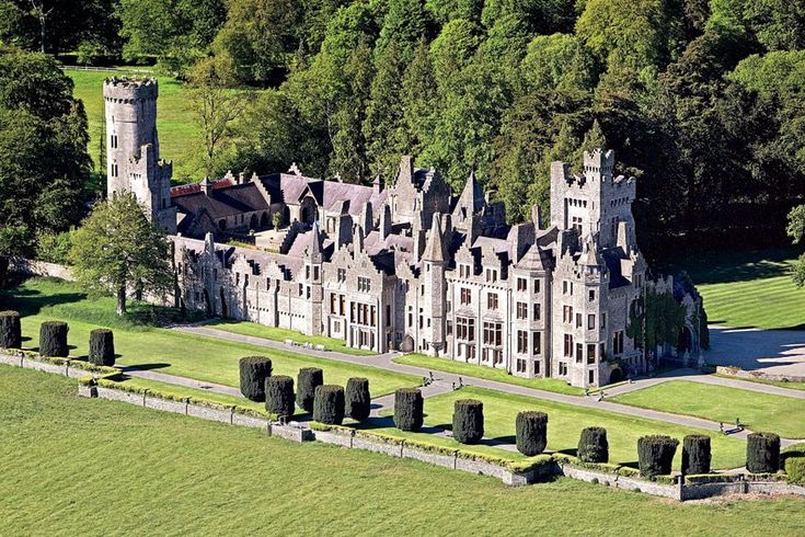 an aerial view of a large castle in the middle of a green field with trees around it