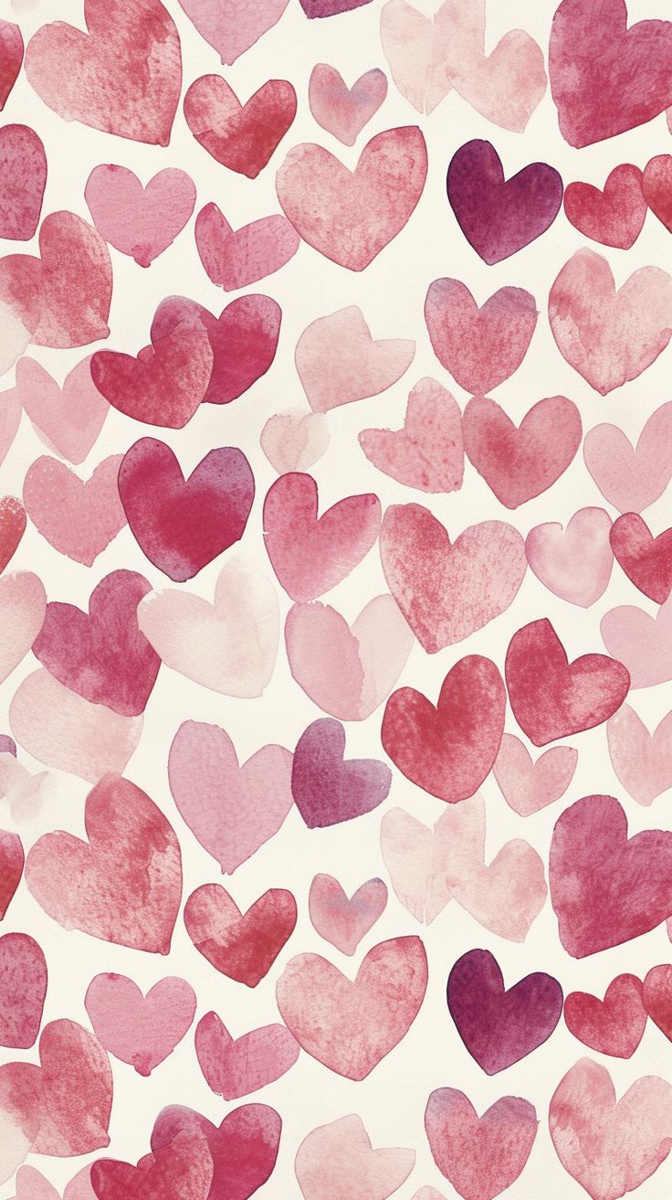 watercolor hearts on white paper with pink and red colors