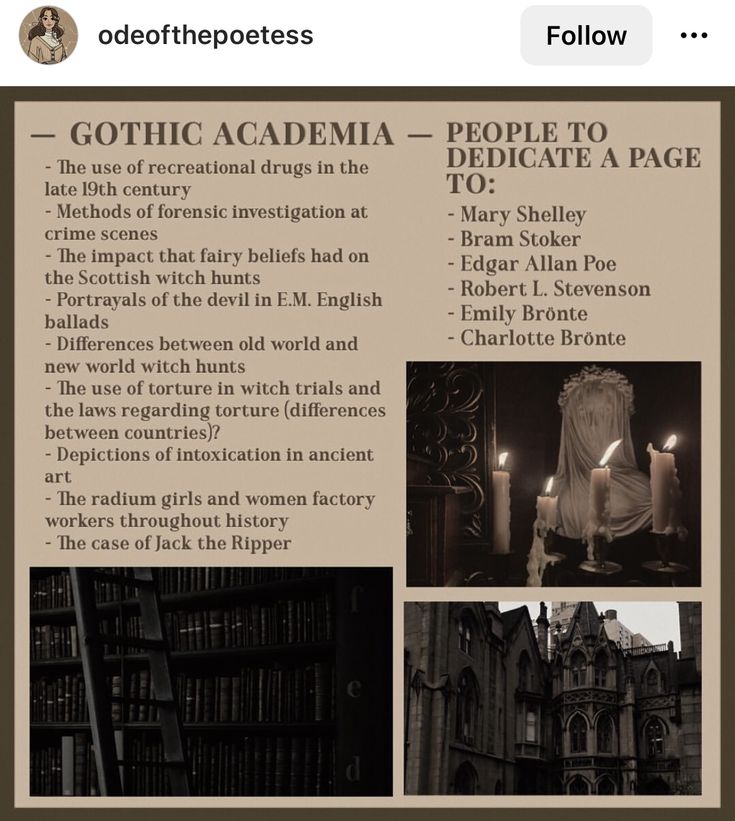 an ad for gothic academy with pictures of people in the library and candles on bookshelves