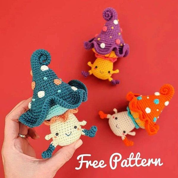 three crocheted toy animals sitting next to each other on a red background with the words free pattern