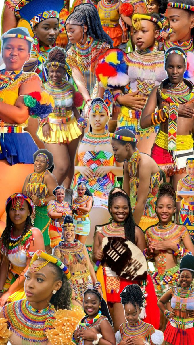 a collage of african women in colorful clothing and headdress, all with different colored