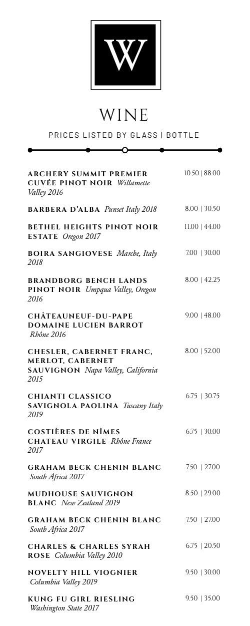 a black and white wine list with the words, price listed by glassvillee