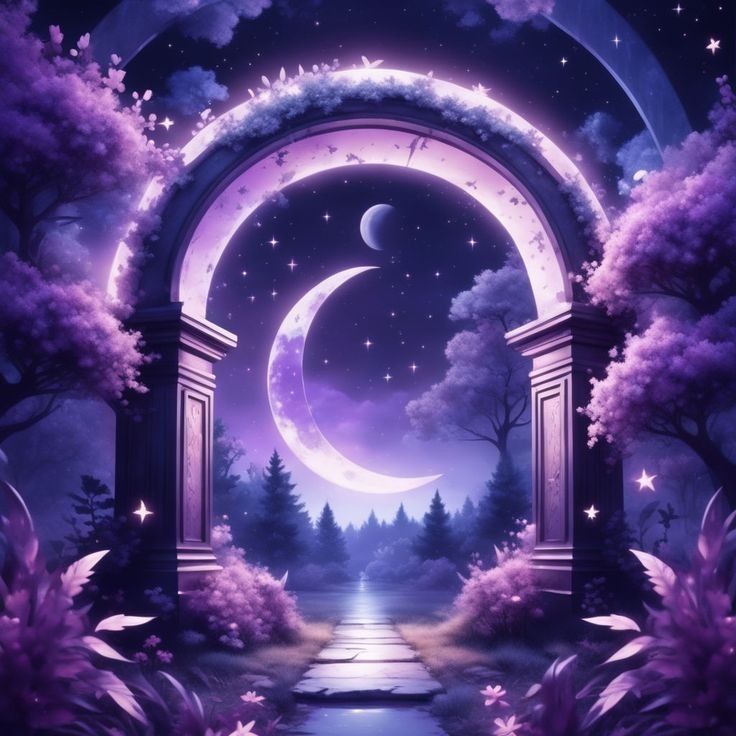 an arch leading into the night sky with stars and moon in it, surrounded by trees