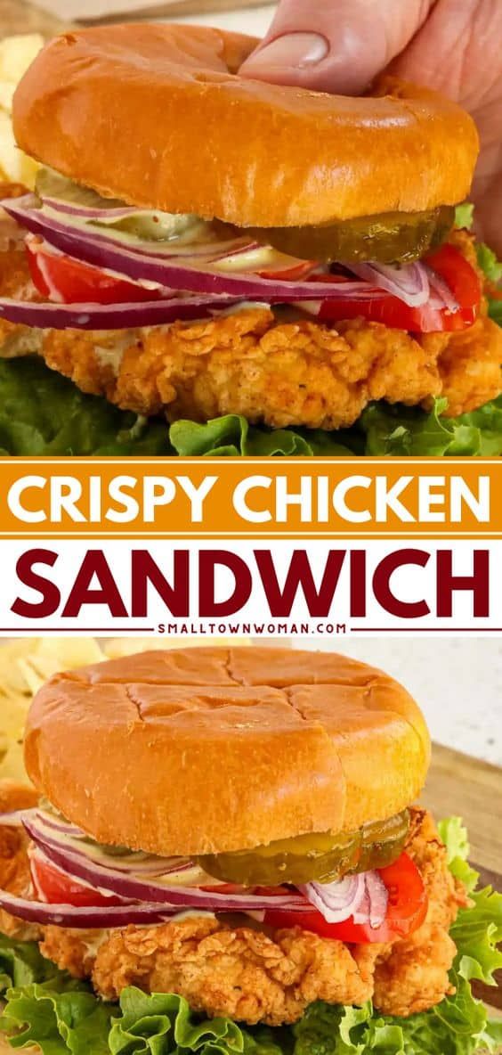 this crispy chicken sandwich is loaded with lettuce, tomato, onion and pickles