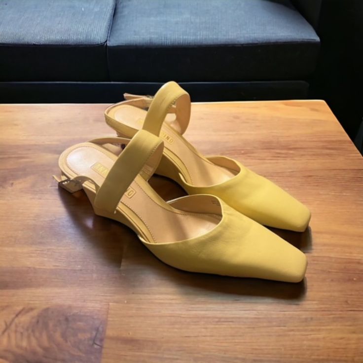 In A Beautiful Shade Of Butter Yellow, These Leather Heels Have Never Been Worn And Still In The Box! Women's Size 7.5m With A 3 1/4" Wedge Heel. Strappy Wedge Heels, Evening Heels, Jeweled Heels, Shoes Yellow, Yellow Heels, Grey Heels, Bow Pumps, Butter Yellow, Square Toe Heels