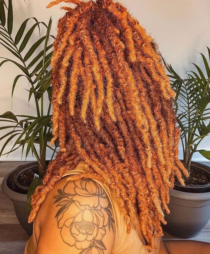 Balayage On Locs, Auburn Dreadlocks Black Women, Colored Tips Locs, Blonde And Copper Locs, Loc Fall Colors, Auburn Hair Color Locs, Honey Blonde Hair On Black Women Locs, Ginger And Honey Blonde Locs Black Women, Ombre Ginger Locs