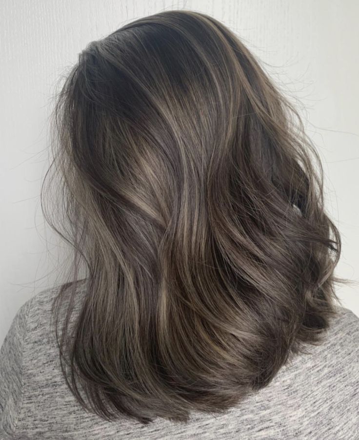 Color And Highlights Brown, Coloring Brunette Hair, Thick Blonde Balayage, Asian Hair Color Straight, Hair Color Grey Brown, Brunette Hair No Blonde, Neutral Cool Brown Hair, Ash Brown Hair With Curtain Bangs, Asian Hair Colour Brown