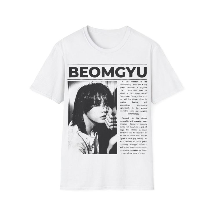 Show your love for Beomgyu from Tomorrow X Together with this stylish K-pop t-shirt! Featuring a vibrant design inspired by TxT's album Freefall, this shirt combines comfort and flair, making it perfect for any fan. Join the MOA fandom and showcase your support with this must-have Beomgyu tee that comes in black, white, and charcoal! .: All shirts feature a pearlized, tear-away label for total wearing comfort. .: White and Black Versions are 100% Cotton. Charcoal is a Polyester and Cotton blend. Kpop Style T-shirt With Letter Print And Crew Neck, Kpop Letter Print Crew Neck T-shirt, Kpop Cotton T-shirt With Letter Print, Kpop Style Cotton T-shirt With Letter Print, White Kpop T-shirt For Streetwear, Kpop Streetwear T-shirt With Text Print, Kpop Text Print T-shirt For Streetwear, Kpop Fan Merchandise Graphic T-shirt, Kpop Style Text Print T-shirt For Streetwear