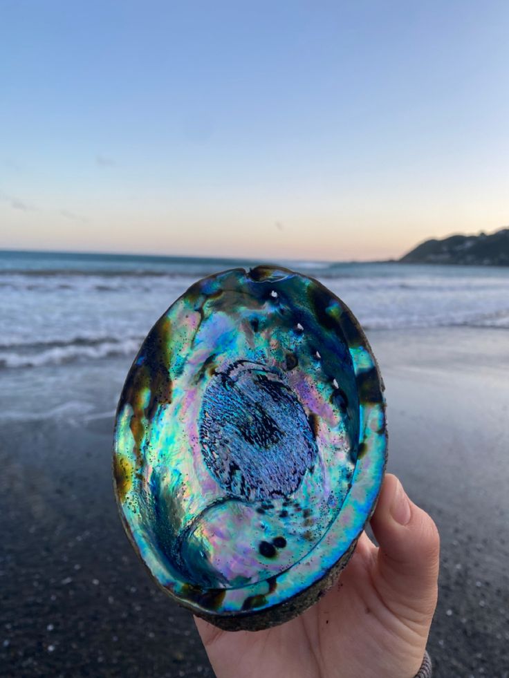 a hand holding up a glass object on the beach