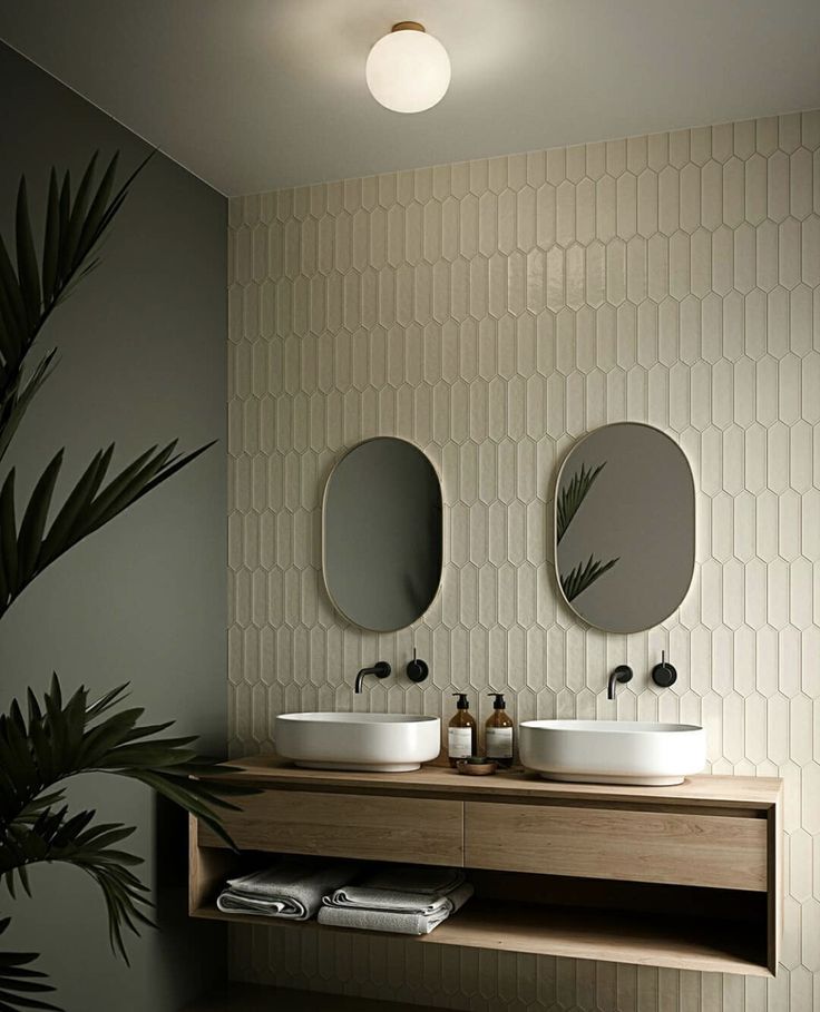 two sinks in a bathroom with mirrors above them and a potted plant next to it