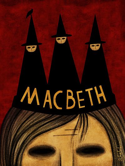 a painting of a woman with three witches on her head and the words macbeth above her head