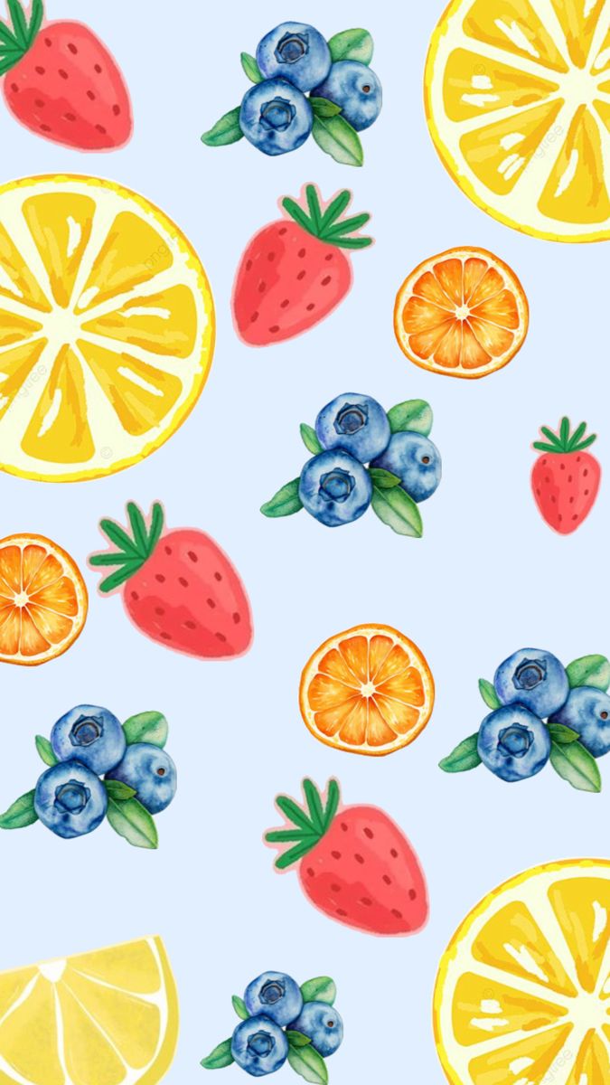 an orange, blueberries and strawberries pattern on a light blue background