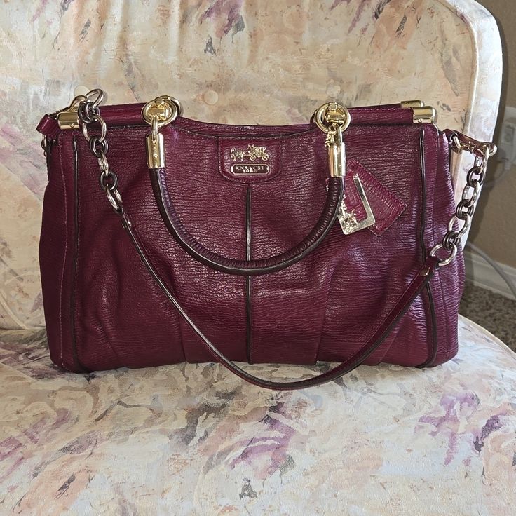 Beautiful Coach Bag In Deep Red. In Really Good Condition. There Are A Couple Of Flaws On Each Side Of The Bag That Are Pictured. 14 L 9 H 5 D Burgundy Satchel Shoulder Bag With Gold-tone Hardware, Burgundy Travel Bags With Gold-tone Hardware, Burgundy Satchel With Gold-tone Hardware, Luxury Burgundy Coach Bag, Coach Burgundy Satchel Shoulder Bag, Burgundy Satchel With Gold-tone Hardware For Everyday Use, Burgundy Satchel Bag With Gold-tone Hardware, Burgundy Bags With Gold-tone Hardware And Double Handle, Burgundy Double Handle Bags With Gold-tone Hardware