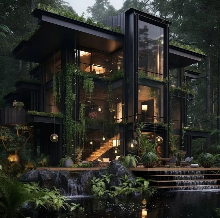 a house in the woods with lots of greenery