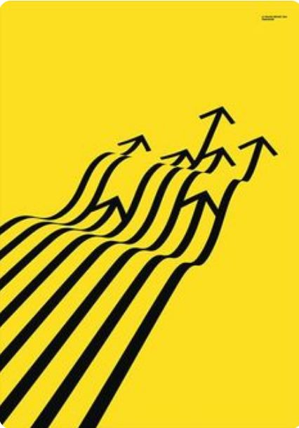 a yellow poster with black lines and three people on skis going up the mountain