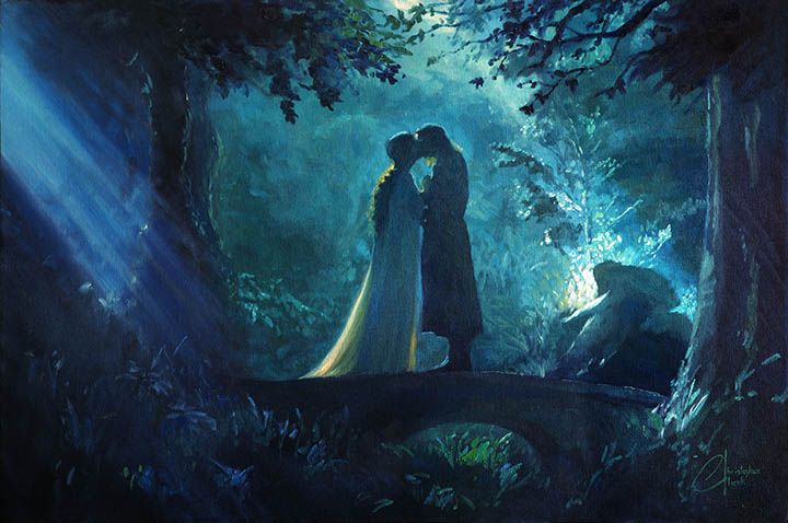 a painting of two people standing in the woods at night, one is kissing the other