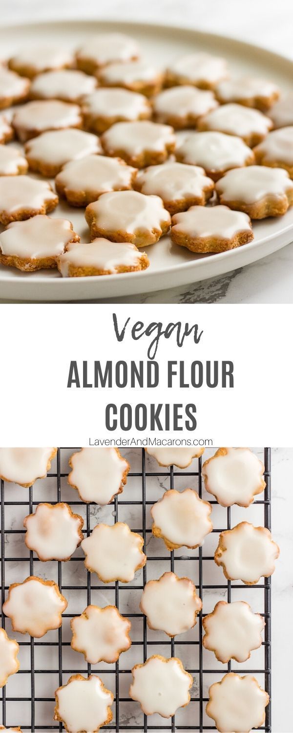 vegan almond flour cookies on a cooling rack with the words vegan almond flour cookies