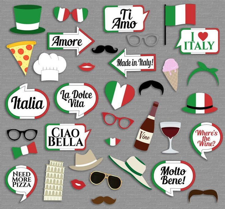 the italian language stickers are arranged in different shapes and sizes, including mustaches, hats