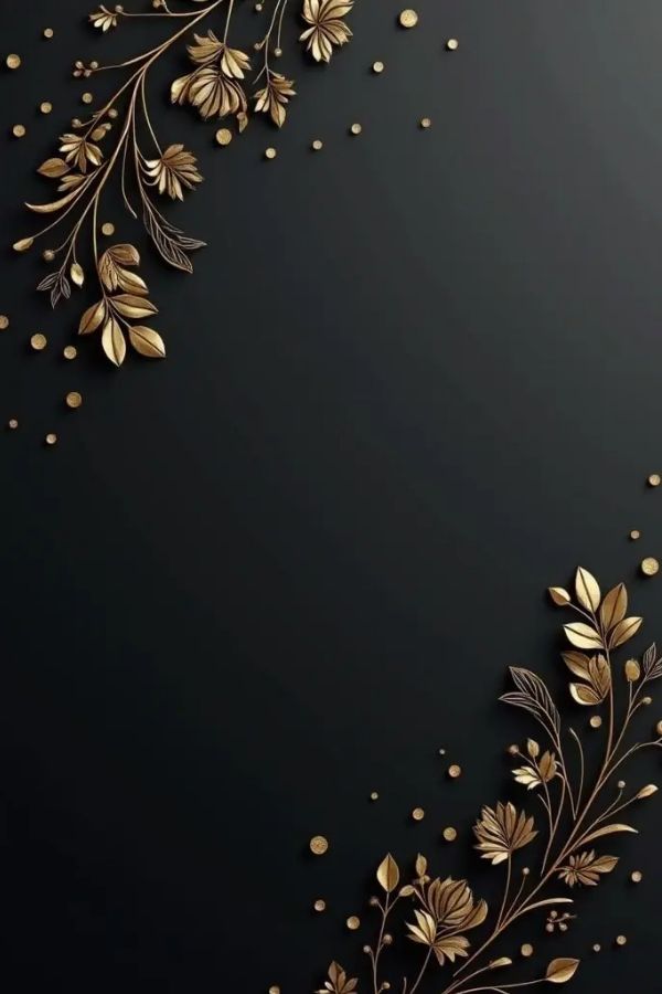 a black background with gold leaves and dots