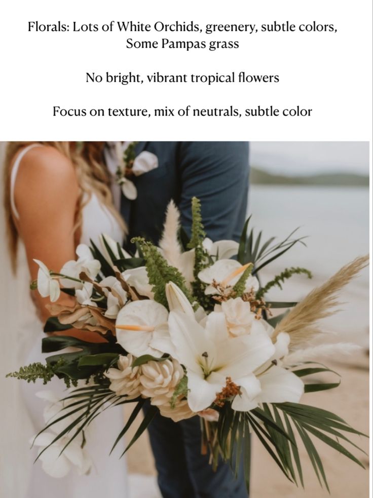 a bride and groom standing next to each other with flowers in front of the caption